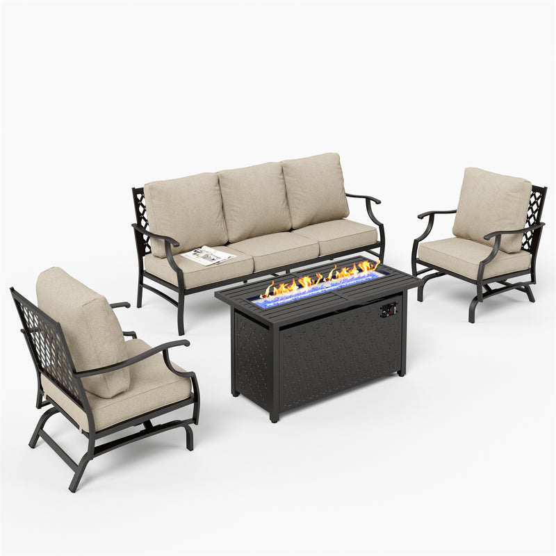 Phi Villa 5-Seater Outdoor Steel Conversation Sofa Set With Leather Grain Fire Pit Table