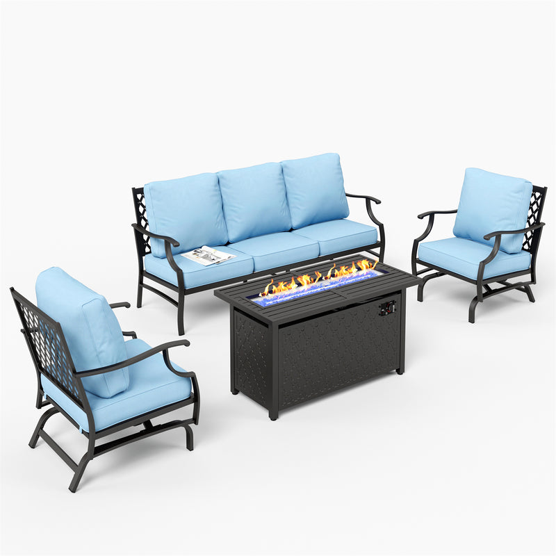 Phi Villa 5-Seater Outdoor Steel Conversation Sofa Set With Leather Grain Fire Pit Table