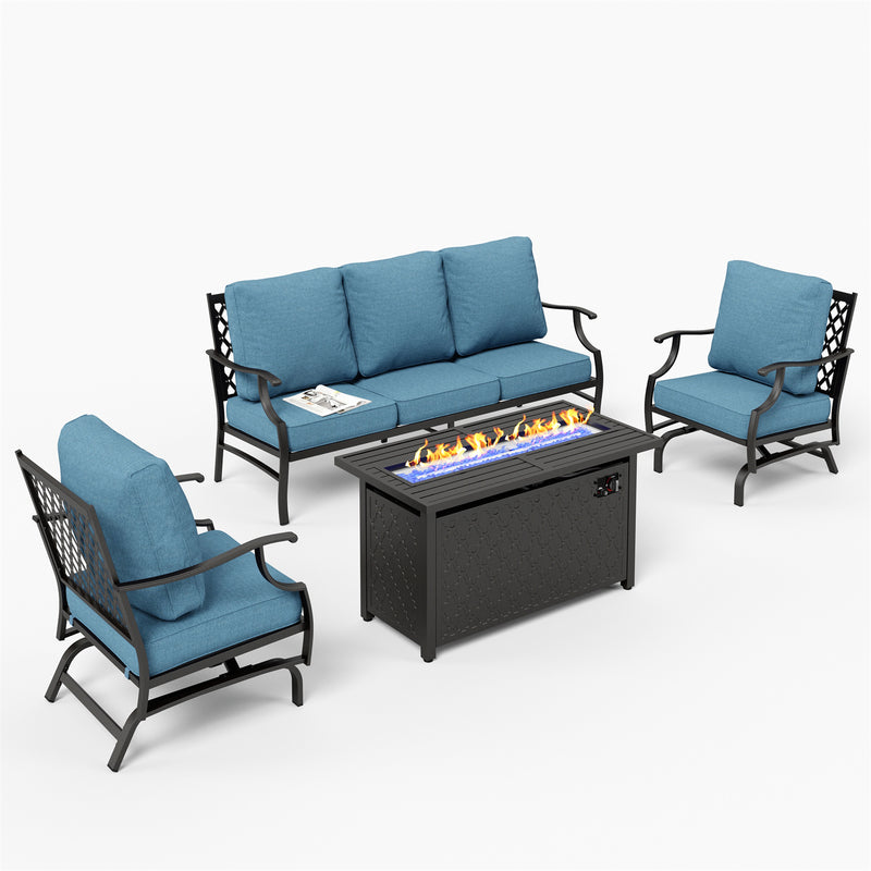 Phi Villa 5-Seater Outdoor Steel Conversation Sofa Set With Leather Grain Fire Pit Table