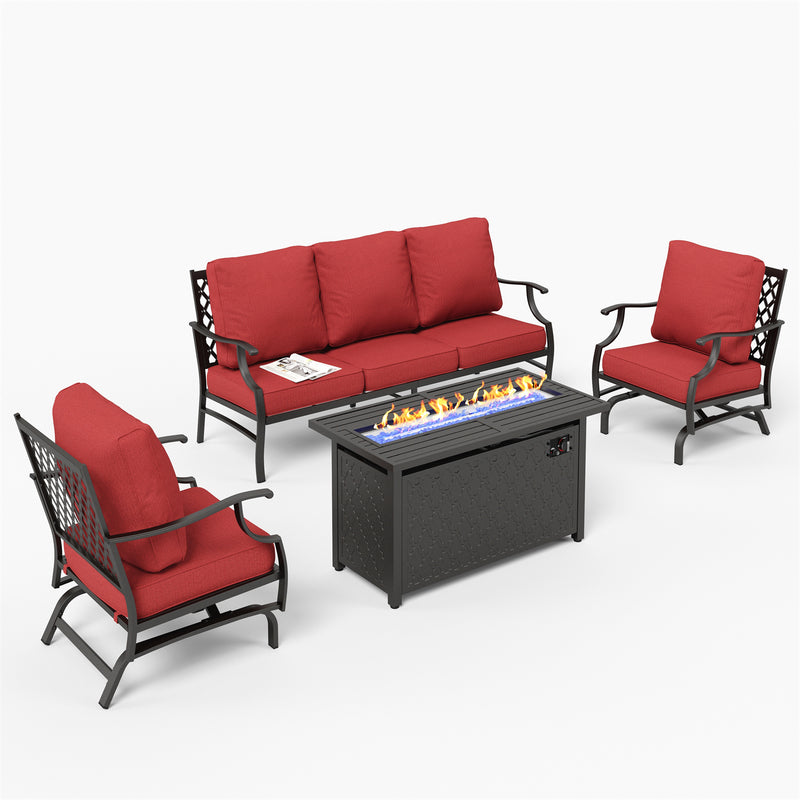 Phi Villa 5-Seater Outdoor Steel Conversation Sofa Set With Leather Grain Fire Pit Table