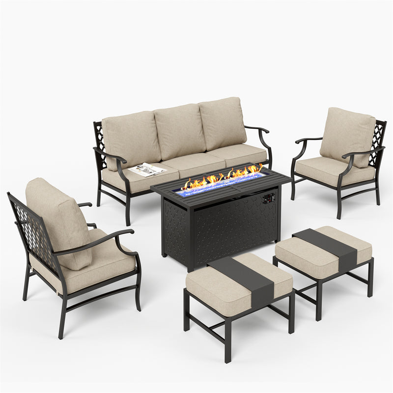 Phi Villa 7-Seater Patio Steel Conversation Sofa Set With Rectangle Fire Pit Table