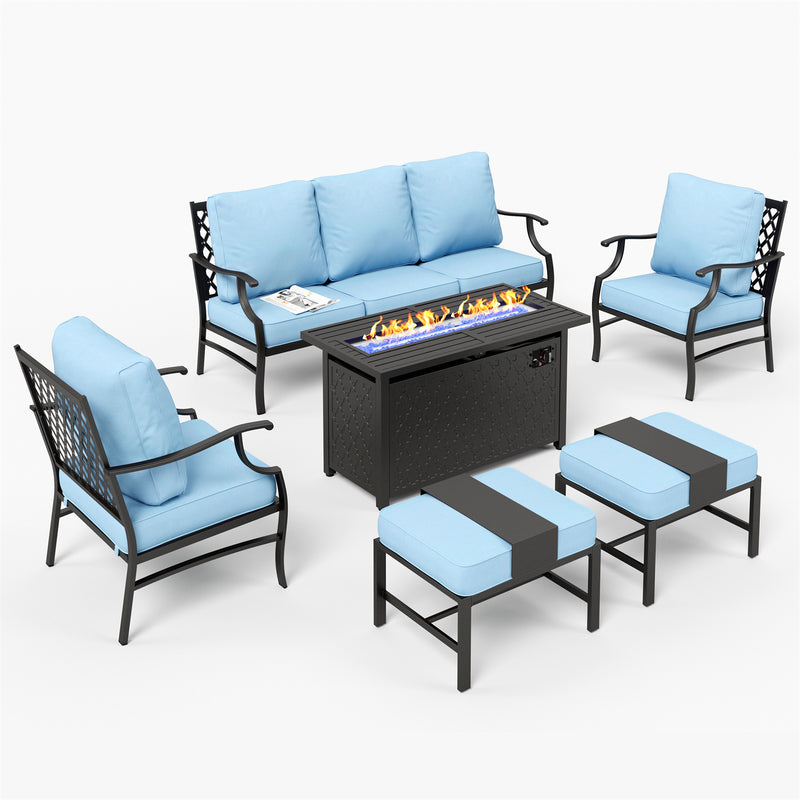 Phi Villa 7-Seater Patio Steel Conversation Sofa Set With Rectangle Fire Pit Table