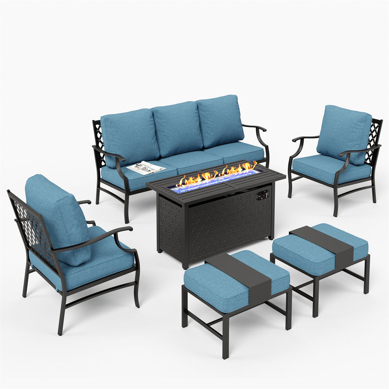 Phi Villa 7-Seater Patio Steel Conversation Sofa Set With Rectangle Fire Pit Table