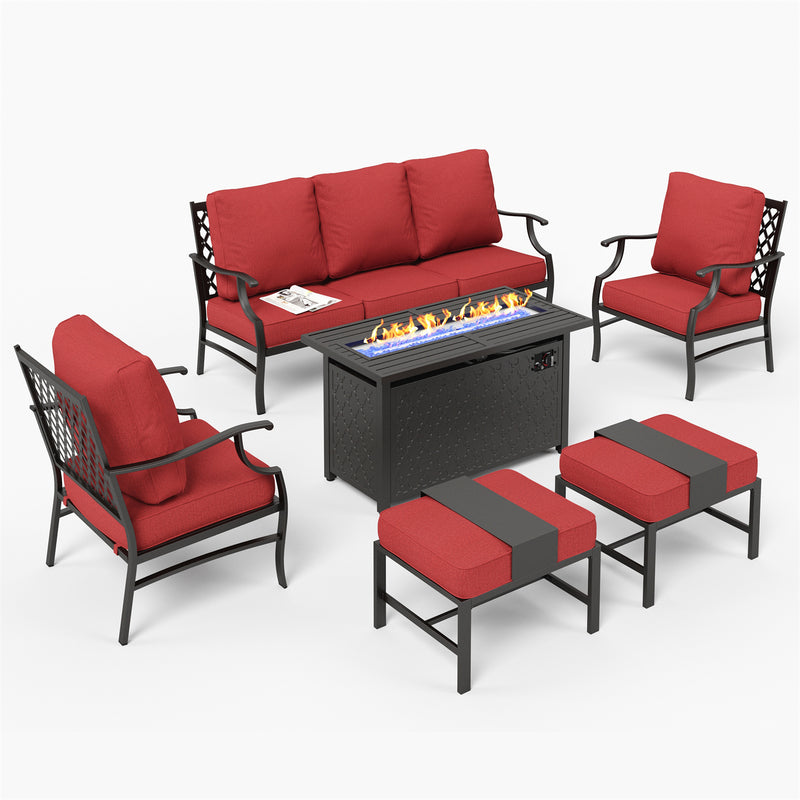 Phi Villa 7-Seater Patio Steel Conversation Sofa Set With Rectangle Fire Pit Table