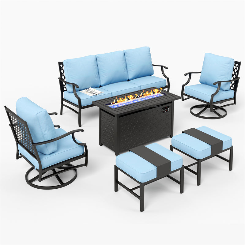 Phi Villa 7-Seater Patio Steel Conversation Sofa Set With Rectangle Fire Pit Table