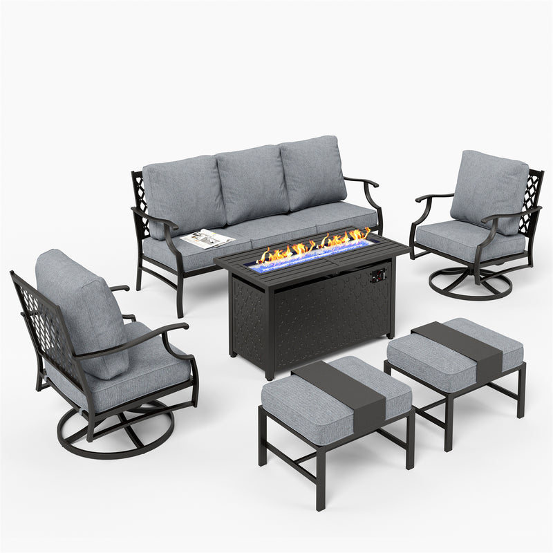 Phi Villa 7-Seater Patio Steel Conversation Sofa Set With Rectangle Fire Pit Table