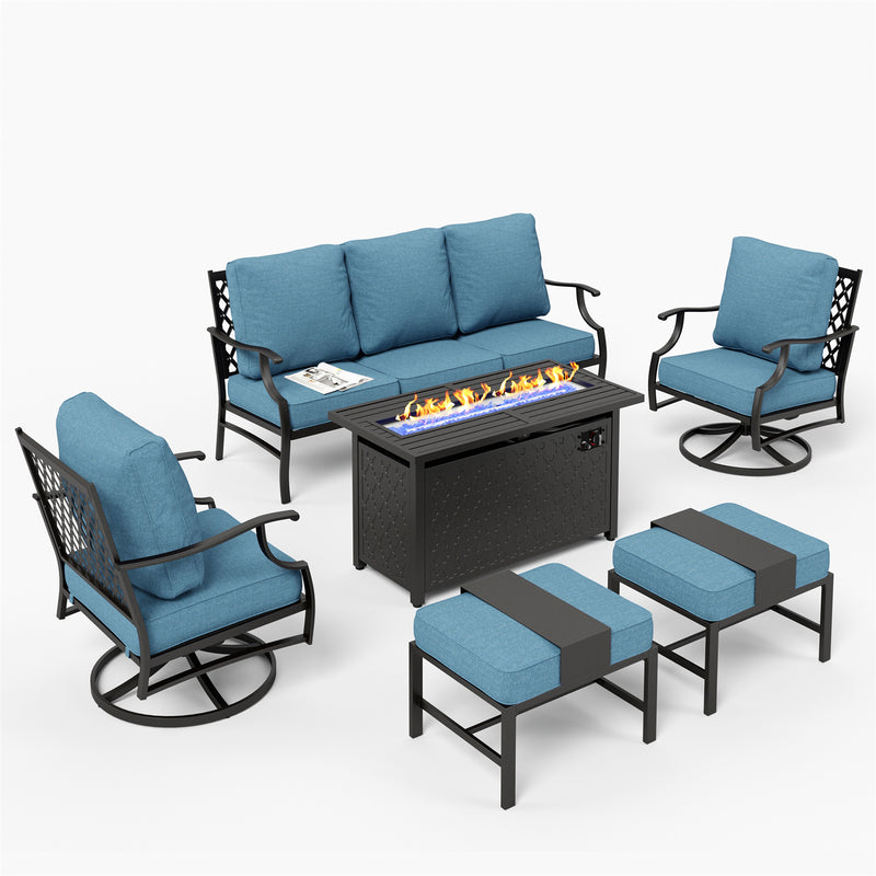 Phi Villa 7-Seater Patio Steel Conversation Sofa Set With Rectangle Fire Pit Table