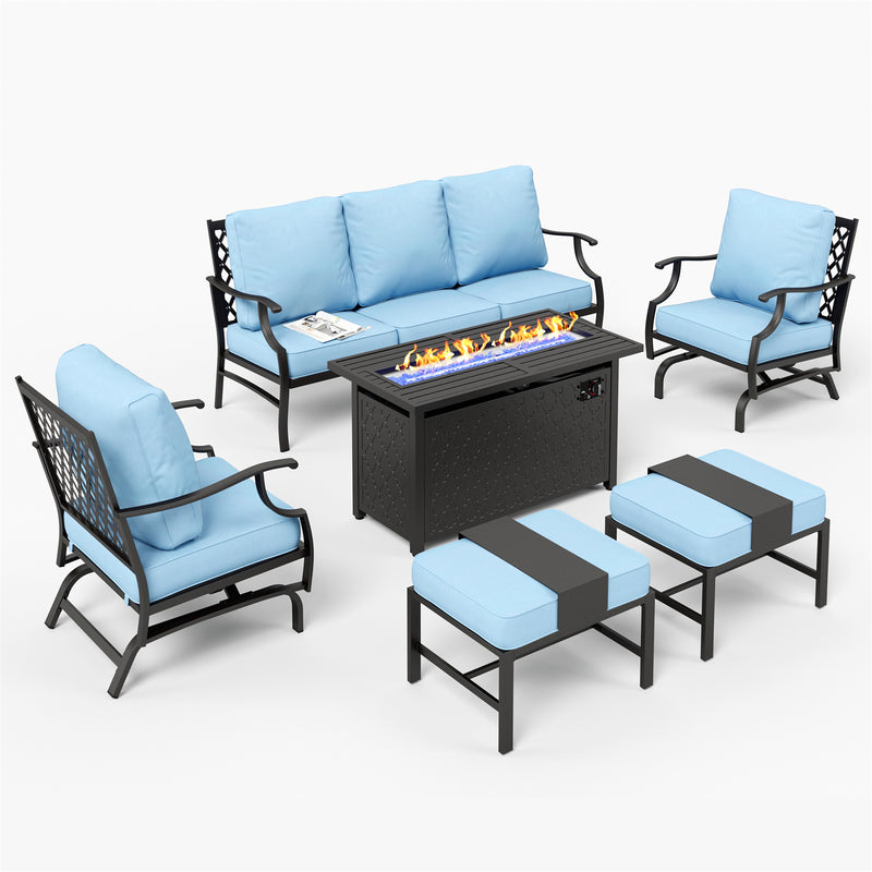 Phi Villa 7-Seater Patio Steel Conversation Sofa Set With Rectangle Fire Pit Table