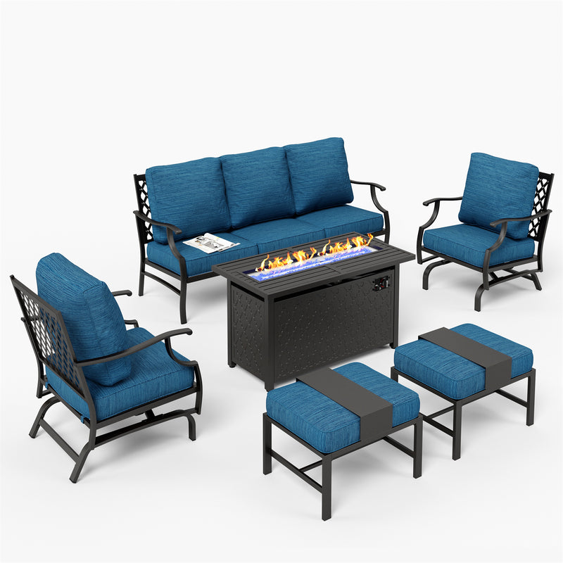 Phi Villa 7-Seater Patio Steel Conversation Sofa Set With Rectangle Fire Pit Table