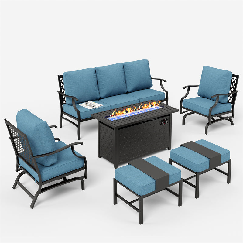 Phi Villa 7-Seater Patio Steel Conversation Sofa Set With Rectangle Fire Pit Table