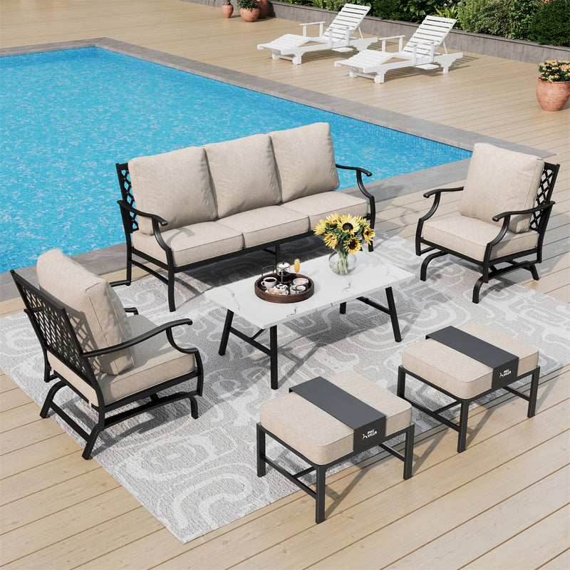 Phi Villa 7-Seater Patio Steel Sofa With Multi-fuctional Ottomans and Coffee Table