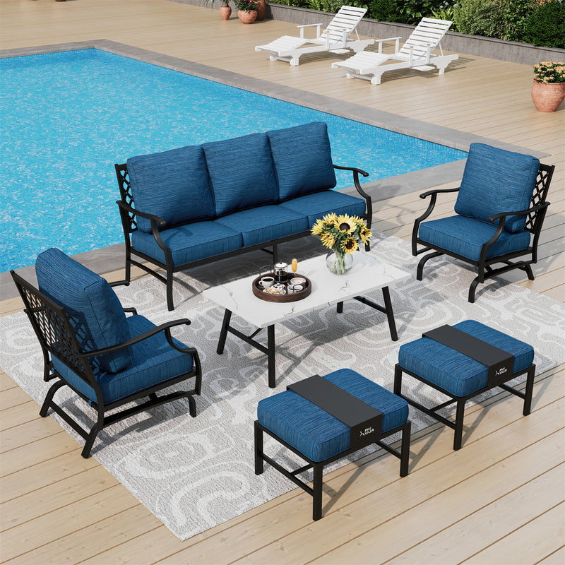 Phi Villa 7-Seater Patio Steel Sofa With Multi-fuctional Ottomans and Coffee Table