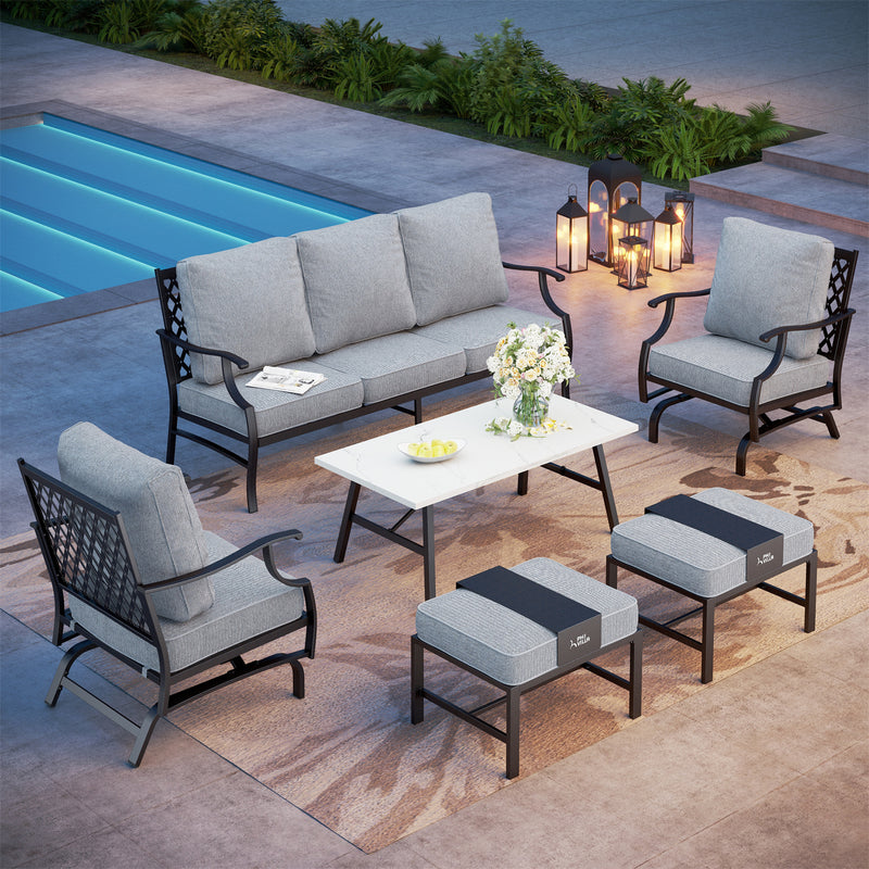 Phi Villa 7-Seater Patio Steel Sofa With Multi-fuctional Ottomans and Coffee Table