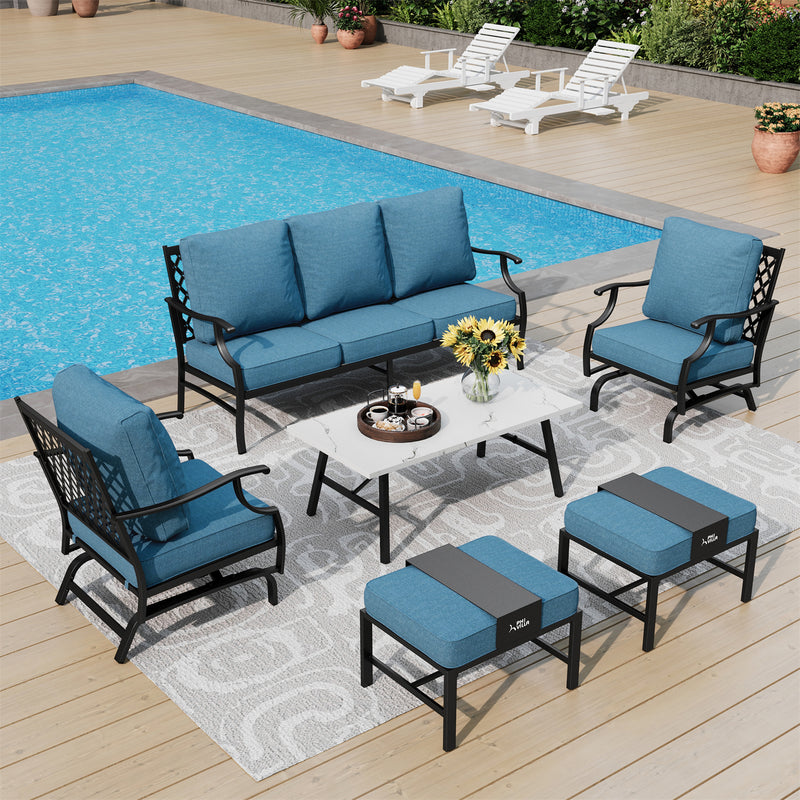 Phi Villa 7-Seater Patio Steel Sofa With Multi-fuctional Ottomans and Coffee Table