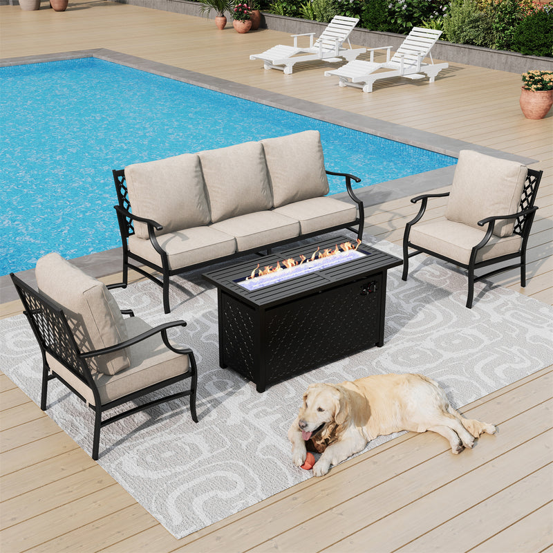 Phi Villa 5-Seater Outdoor Steel Conversation Sofa Set With Leather Grain Fire Pit Table