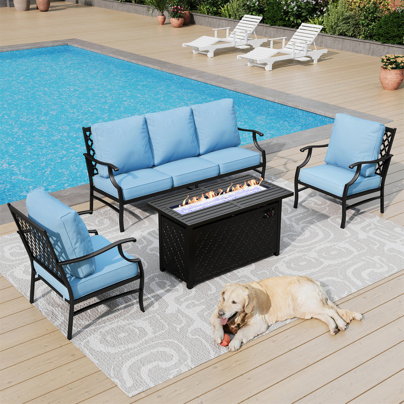 Phi Villa 5-Seater Outdoor Steel Conversation Sofa Set With Leather Grain Fire Pit Table