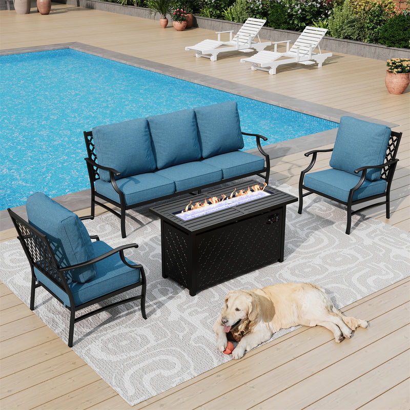 Phi Villa 5-Seater Outdoor Steel Conversation Sofa Set With Leather Grain Fire Pit Table