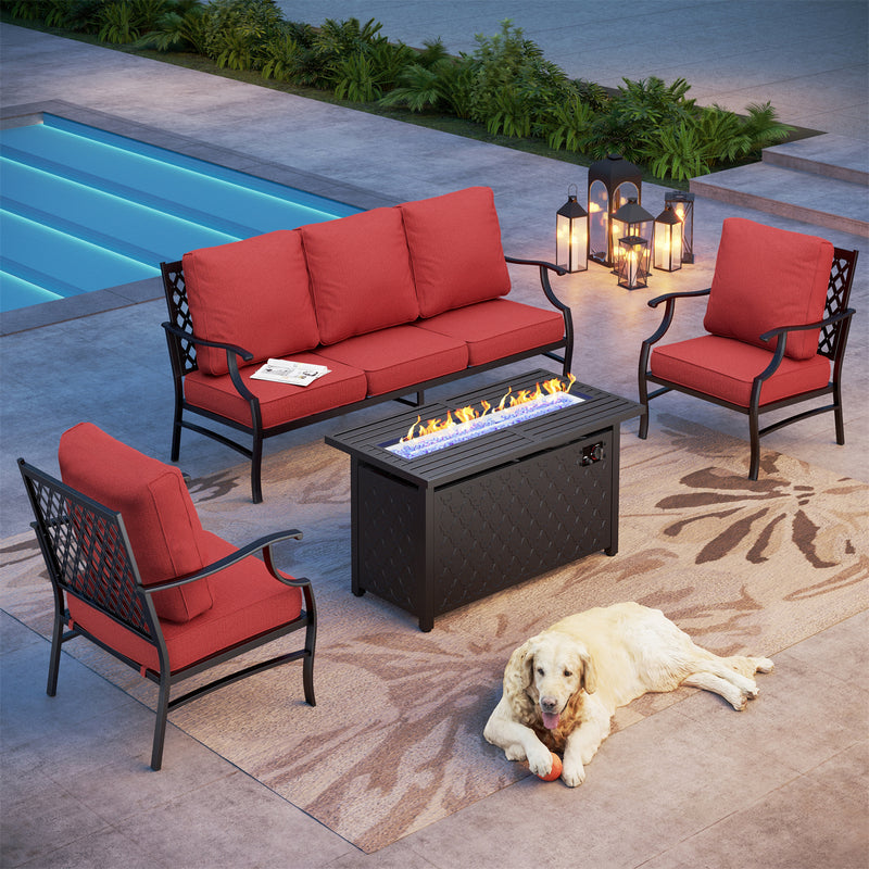 Phi Villa 5-Seater Outdoor Steel Conversation Sofa Set With Leather Grain Fire Pit Table