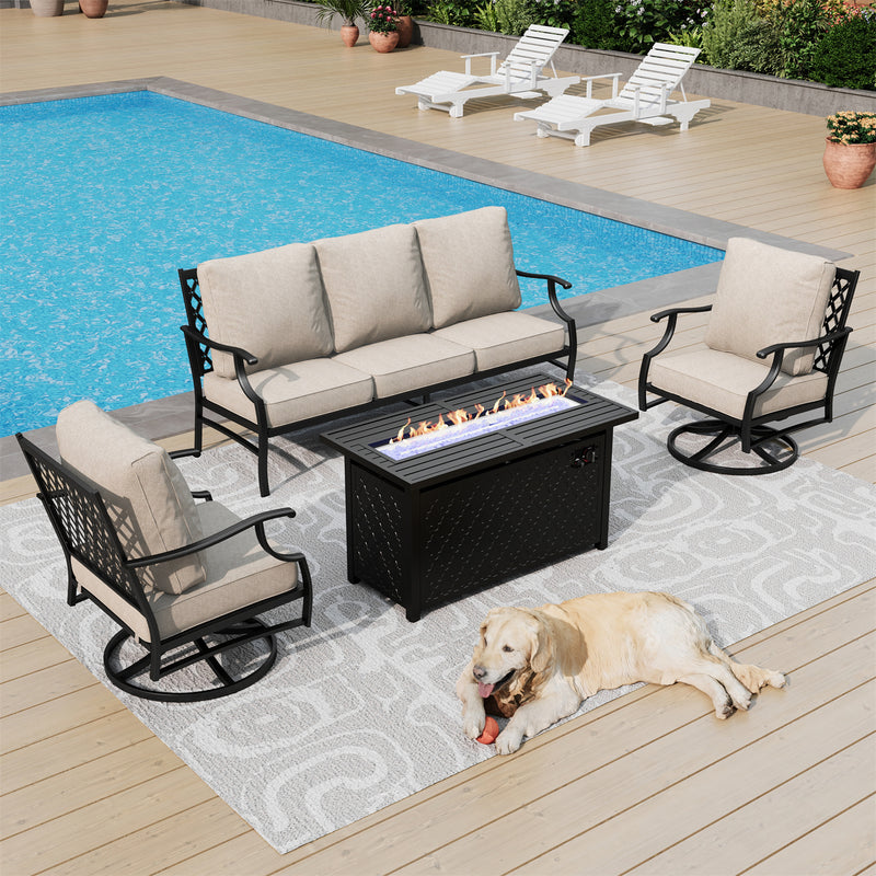 Phi Villa 5-Seater Outdoor Steel Conversation Sofa Set With Leather Grain Fire Pit Table