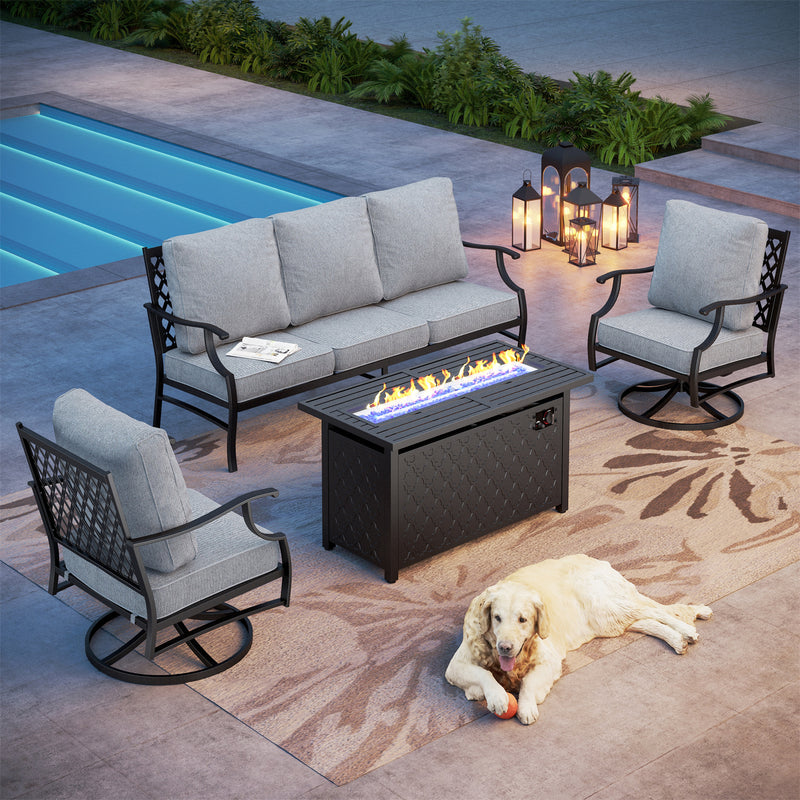 Phi Villa 5-Seater Outdoor Steel Conversation Sofa Set With Leather Grain Fire Pit Table