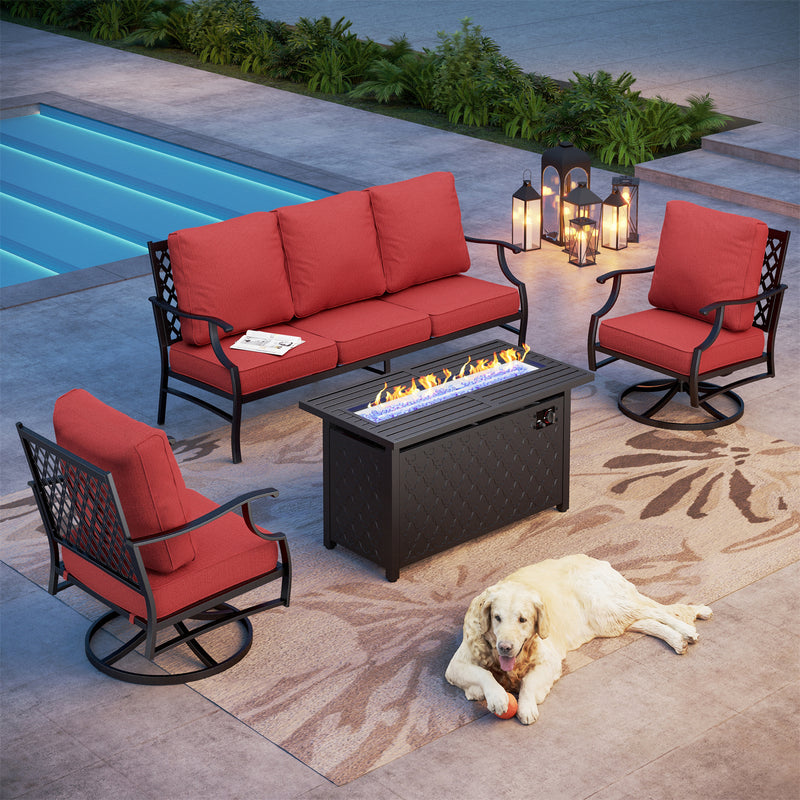 Phi Villa 5-Seater Outdoor Steel Conversation Sofa Set With Leather Grain Fire Pit Table