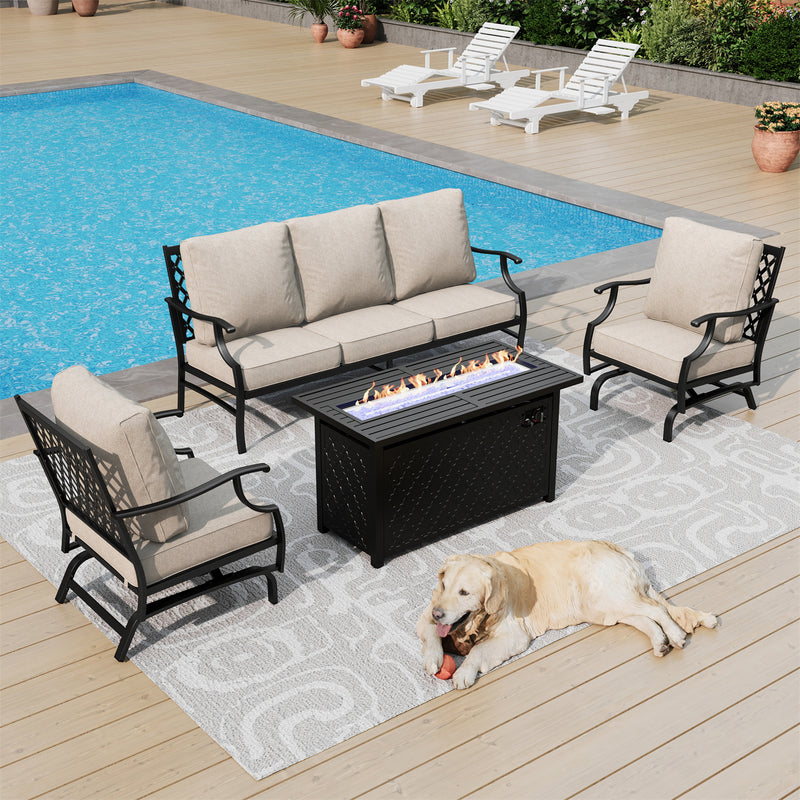 Phi Villa 5-Seater Outdoor Steel Conversation Sofa Set With Leather Grain Fire Pit Table