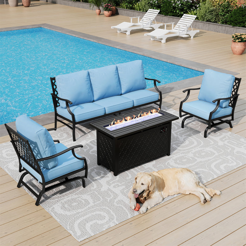 Phi Villa 5-Seater Outdoor Steel Conversation Sofa Set With Leather Grain Fire Pit Table