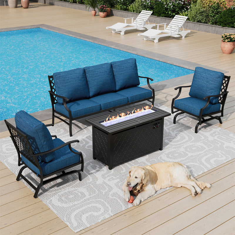 Phi Villa 5-Seater Outdoor Steel Conversation Sofa Set With Leather Grain Fire Pit Table