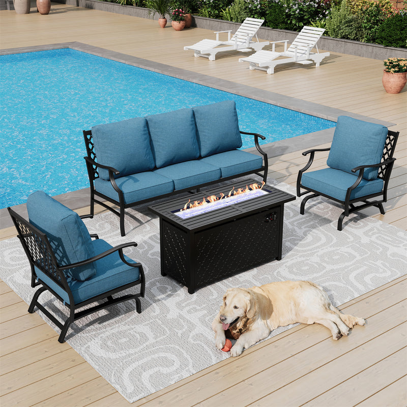 Phi Villa 5-Seater Outdoor Steel Conversation Sofa Set With Leather Grain Fire Pit Table