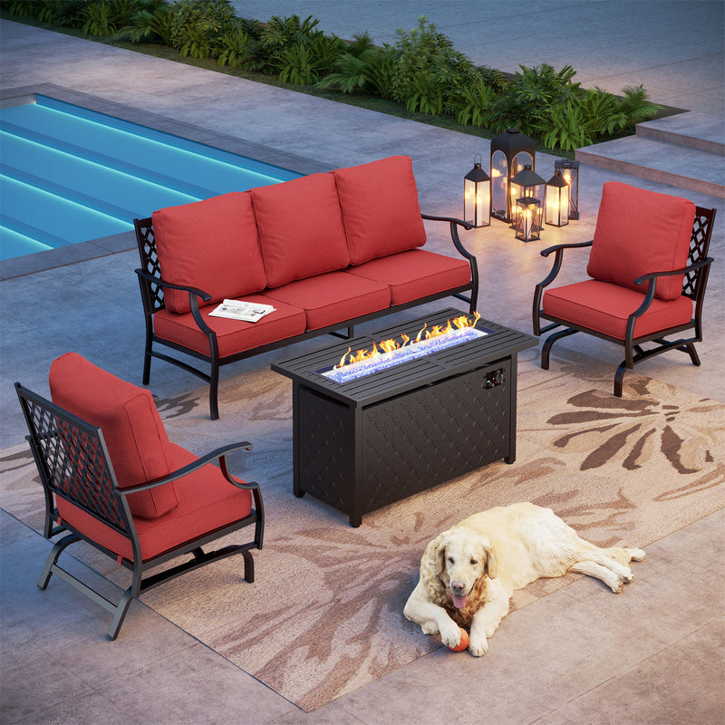 Phi Villa 5-Seater Outdoor Steel Conversation Sofa Set With Leather Grain Fire Pit Table