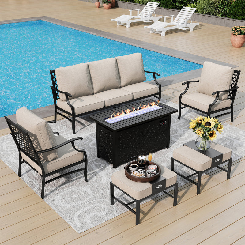 Phi Villa 7-Seater Patio Steel Conversation Sofa Set With Rectangle Fire Pit Table