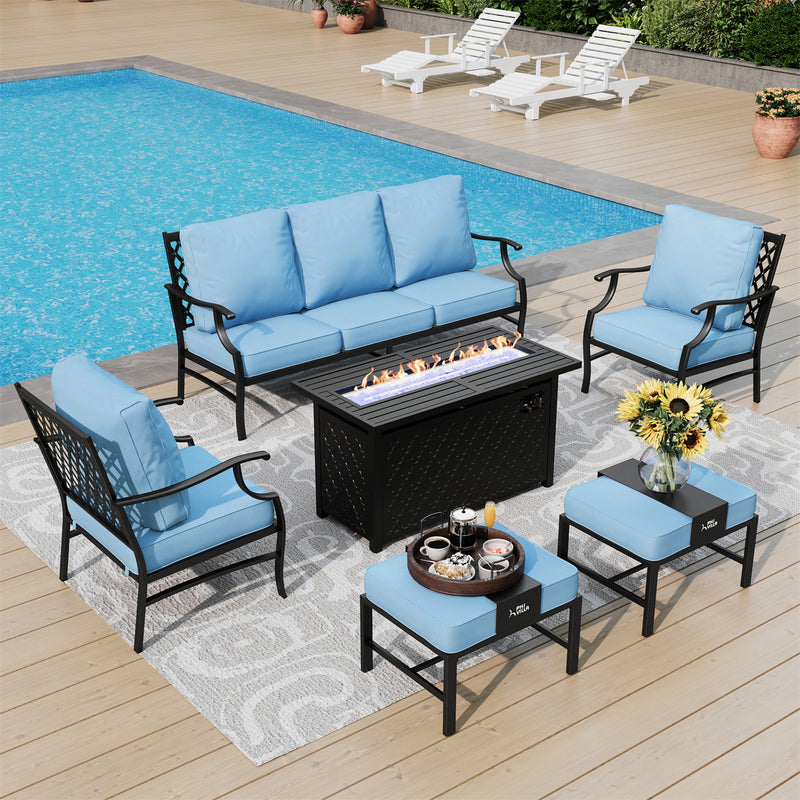 Phi Villa 7-Seater Patio Steel Conversation Sofa Set With Rectangle Fire Pit Table