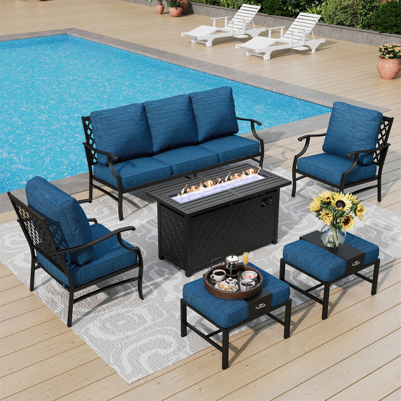 Phi Villa 7-Seater Patio Steel Conversation Sofa Set With Rectangle Fire Pit Table