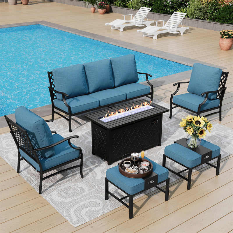 Phi Villa 7-Seater Patio Steel Conversation Sofa Set With Rectangle Fire Pit Table