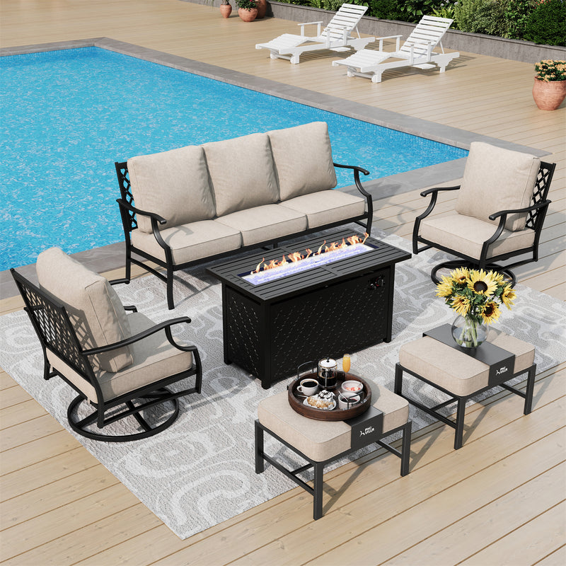 Phi Villa 7-Seater Patio Steel Conversation Sofa Set With Rectangle Fire Pit Table