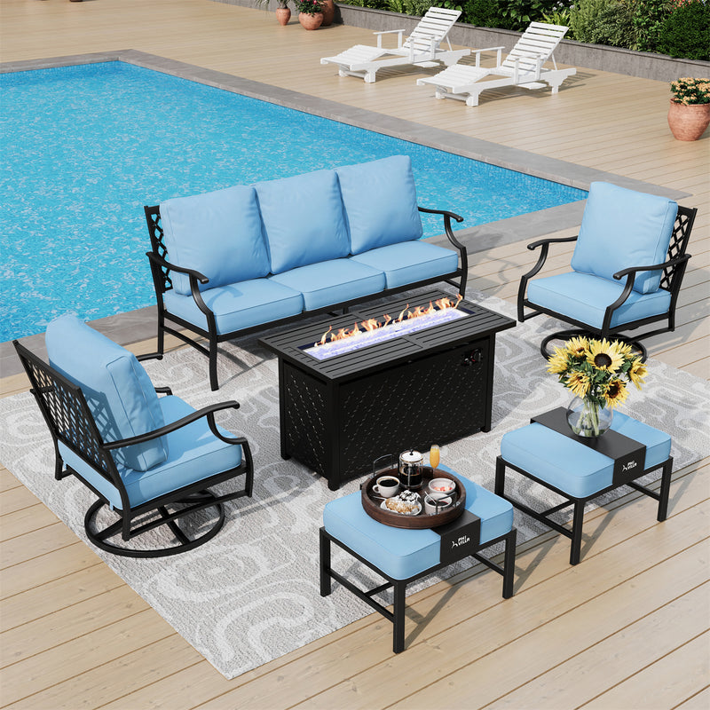 Phi Villa 7-Seater Patio Steel Conversation Sofa Set With Rectangle Fire Pit Table