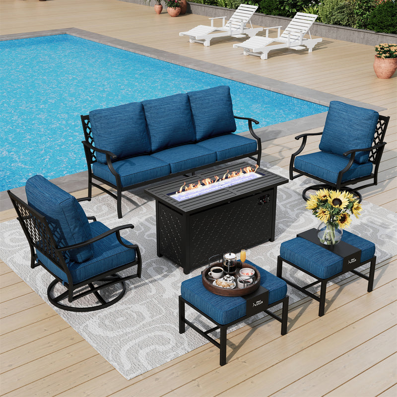 Phi Villa 7-Seater Patio Steel Conversation Sofa Set With Rectangle Fire Pit Table