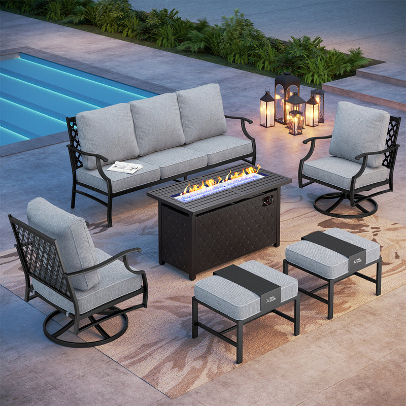 Phi Villa 7-Seater Patio Steel Conversation Sofa Set With Rectangle Fire Pit Table