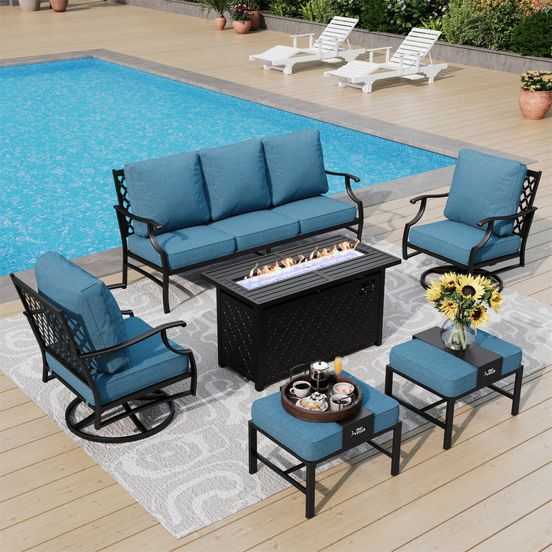 Phi Villa 7-Seater Patio Steel Conversation Sofa Set With Rectangle Fire Pit Table