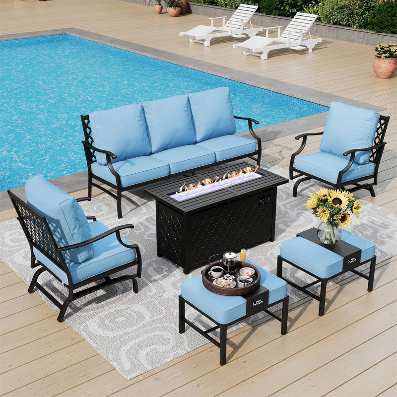 Phi Villa 7-Seater Patio Steel Conversation Sofa Set With Rectangle Fire Pit Table