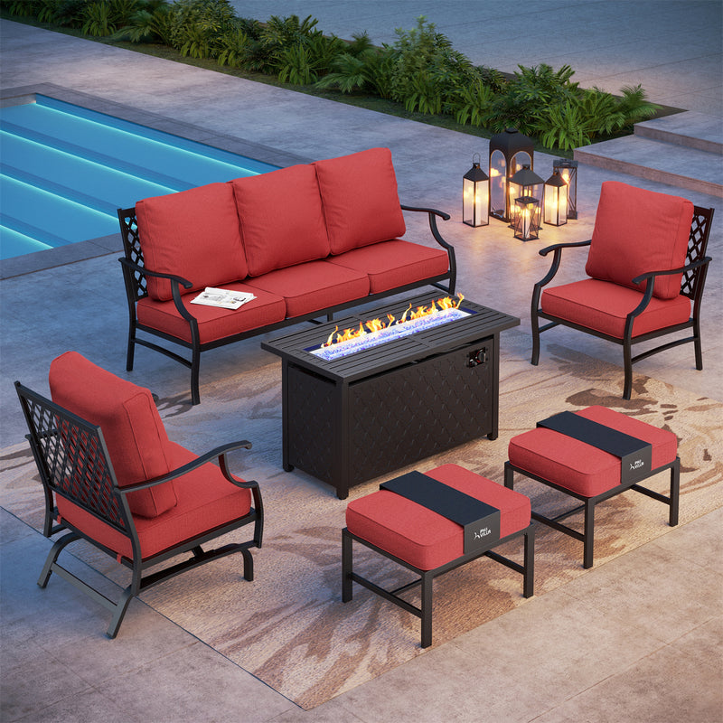 Phi Villa 7-Seater Patio Steel Conversation Sofa Set With Rectangle Fire Pit Table