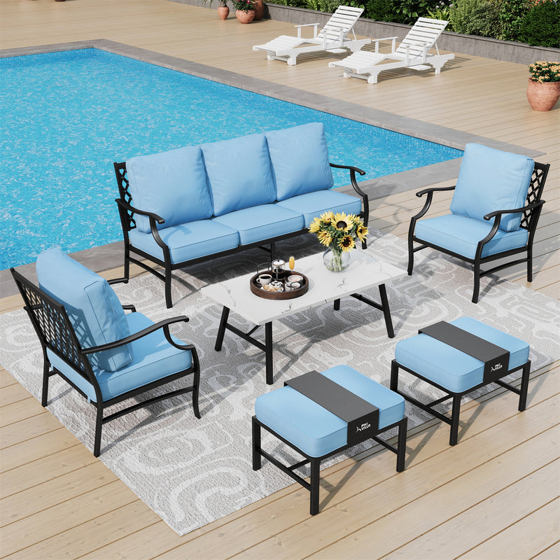 Phi Villa 7-Seater Patio Steel Sofa With Multi-fuctional Ottomans and Coffee Table