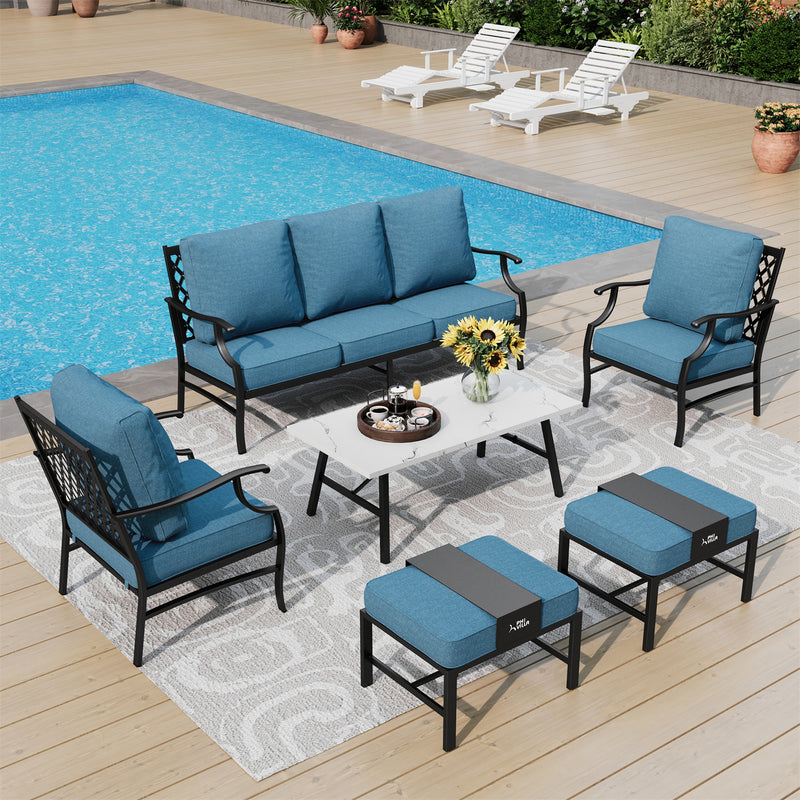 Phi Villa 7-Seater Patio Steel Sofa With Multi-fuctional Ottomans and Coffee Table