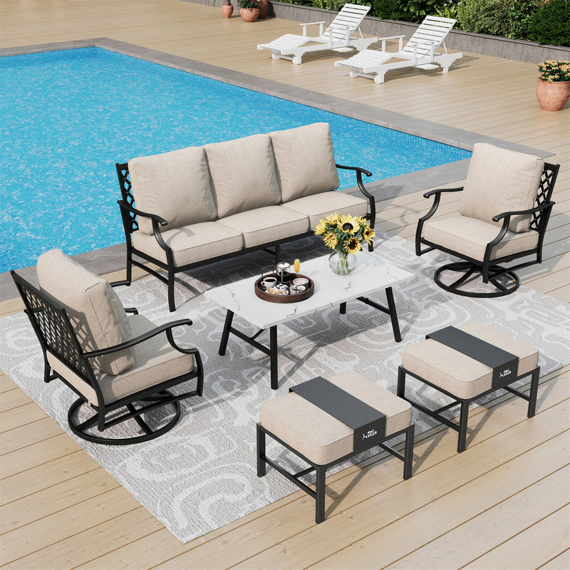 Phi Villa 7-Seater Patio Steel Sofa With Multi-fuctional Ottomans and Coffee Table