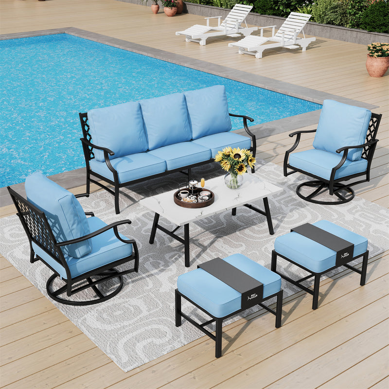 Phi Villa 7-Seater Patio Steel Sofa With Multi-fuctional Ottomans and Coffee Table