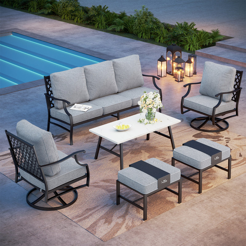 Phi Villa 7-Seater Patio Steel Sofa With Multi-fuctional Ottomans and Coffee Table