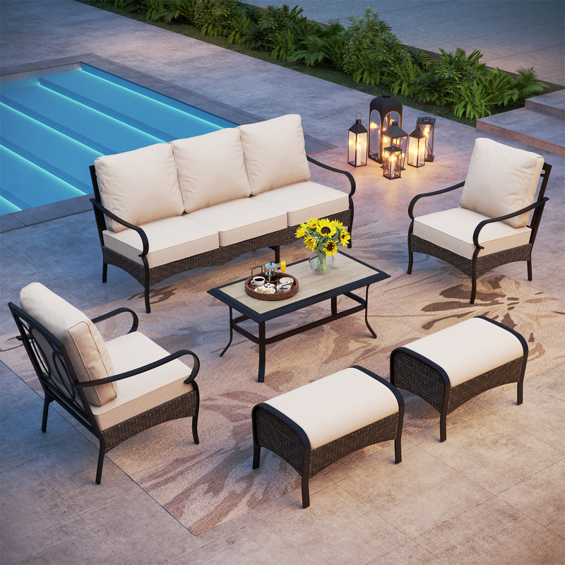 Phi Villa 7-Seater Wicker And Steel Outdoor Couch With Cushions Conversation Sofa Set