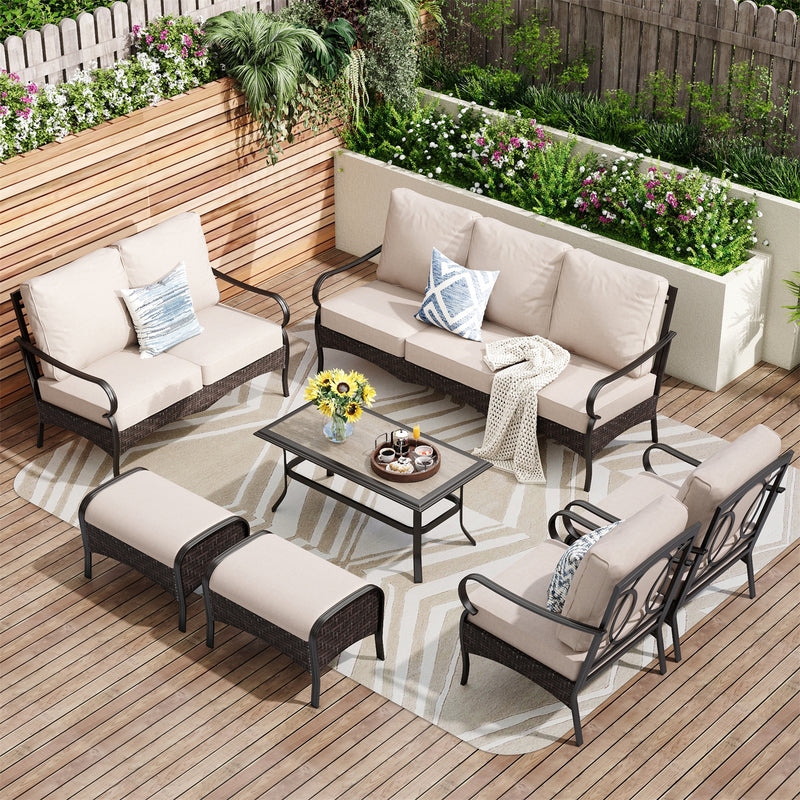 Phi Villa 9-Seater Wicker & Steel Outdoor Conversation Sofa Sets With Loveseat