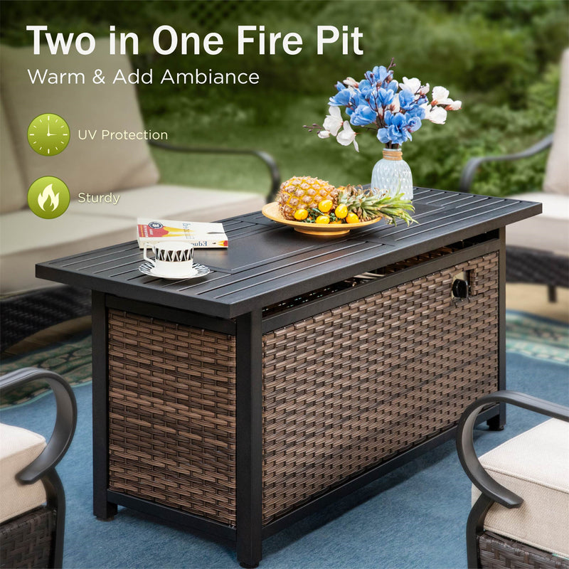 Phi Villa 5-Seater Outdoor Steel & Rattan Sofa Set With Rectangle Fire Pit Table