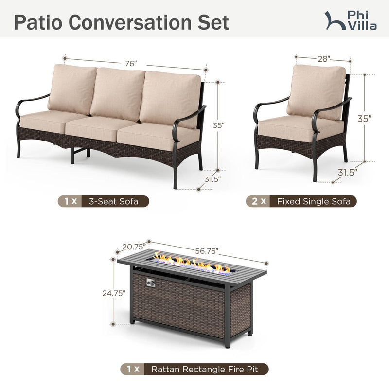 Phi Villa 5-Seater Outdoor Steel & Rattan Sofa Set With Rectangle Fire Pit Table